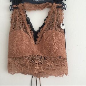 LUCKY BRAND LACE HALTER WIRELESS BRALETTE SET OF 2 MOCCA & BLACK SIZE S NWT